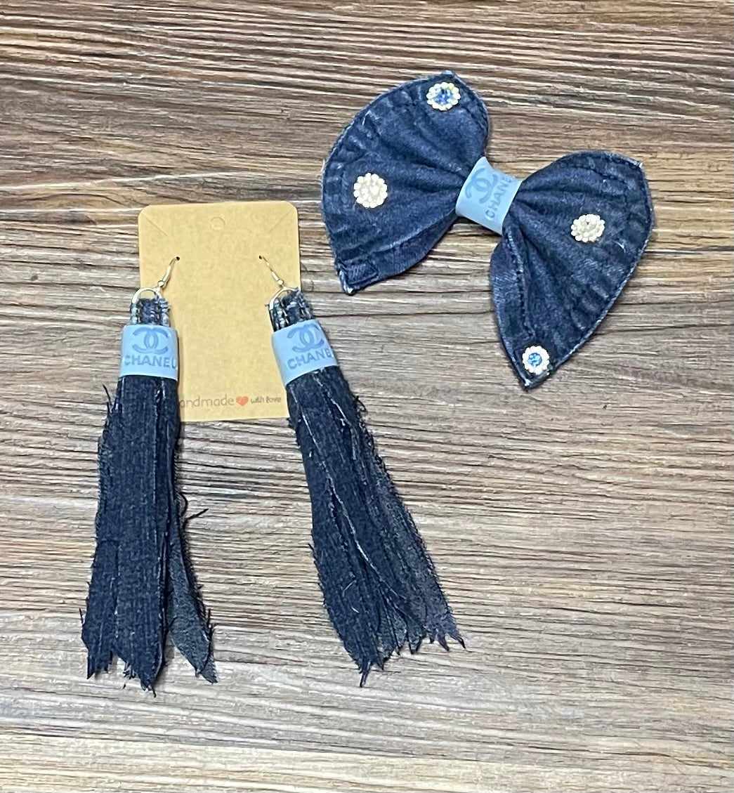 Denim Brooch and Earring Set
