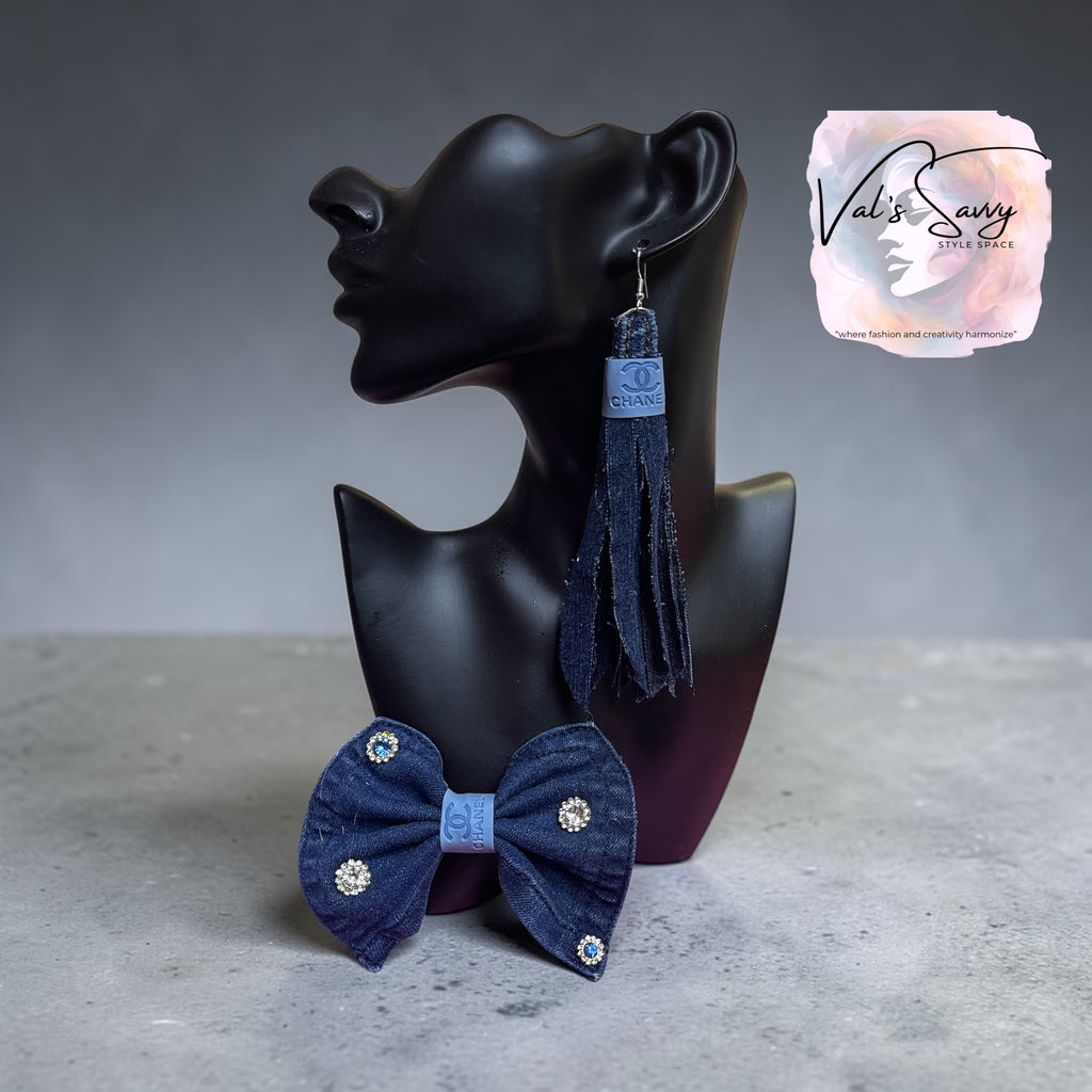 Denim Brooch and Earring Set