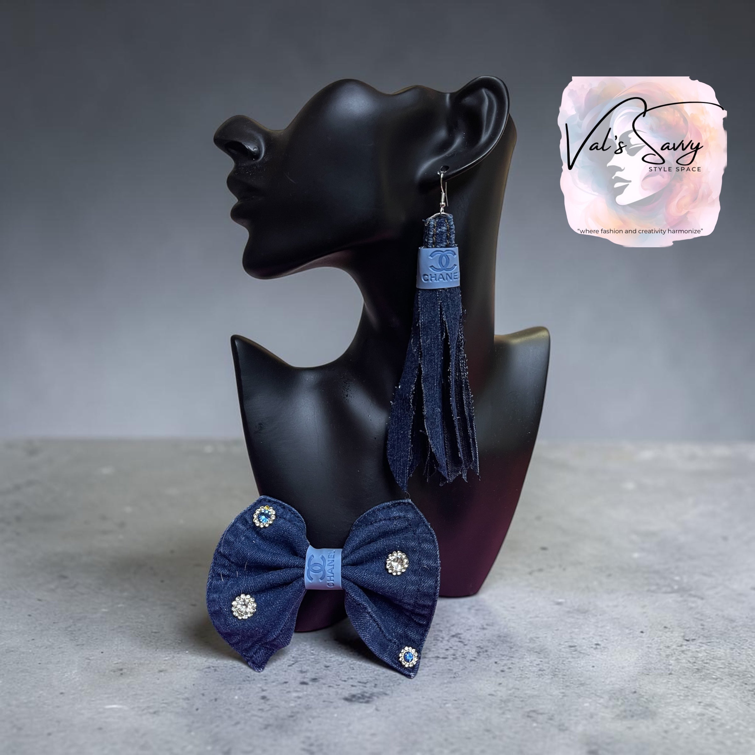 Denim Brooch and Earring Set