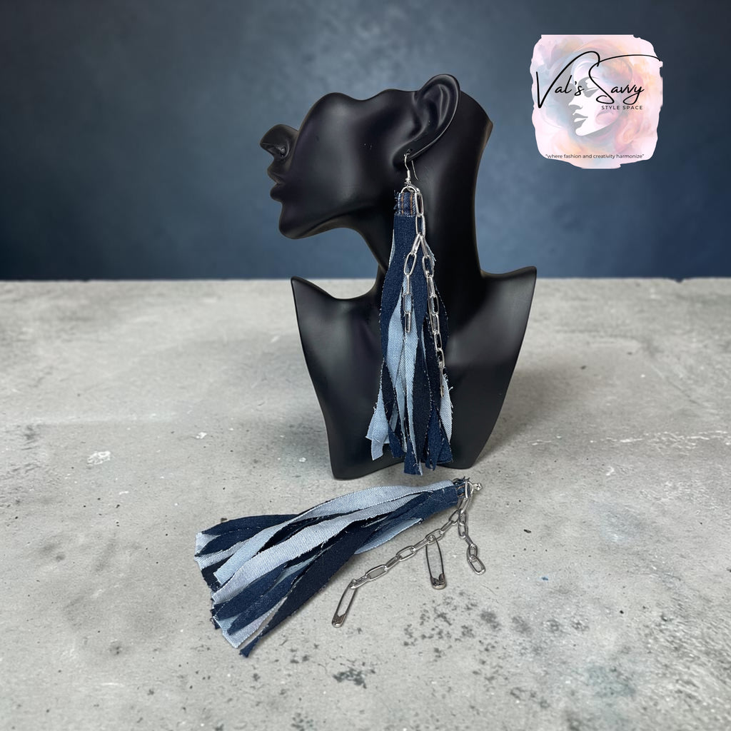 Double Denim long tassel earrings